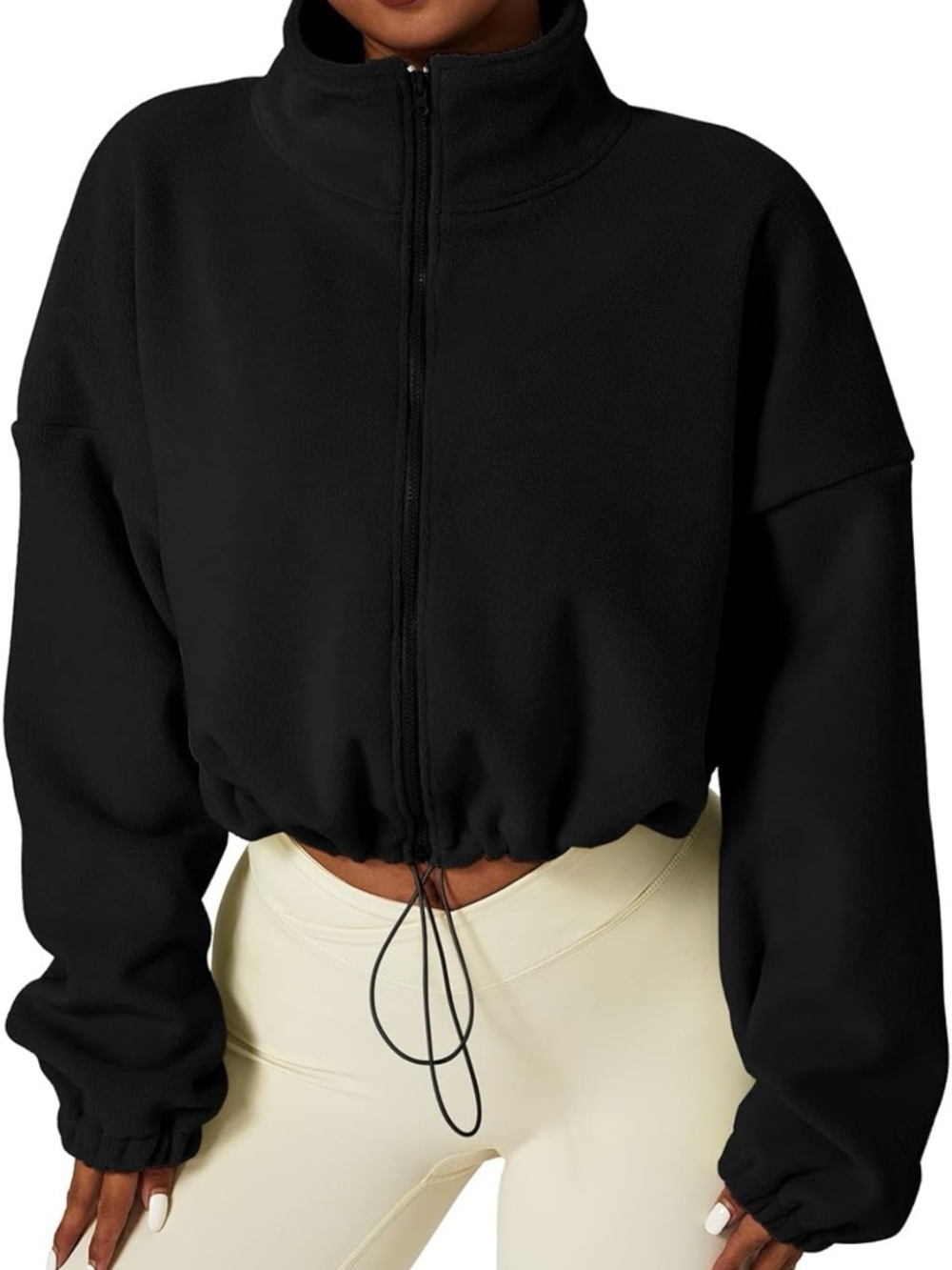 Cropped Black Zip-Up Fleece Jacket